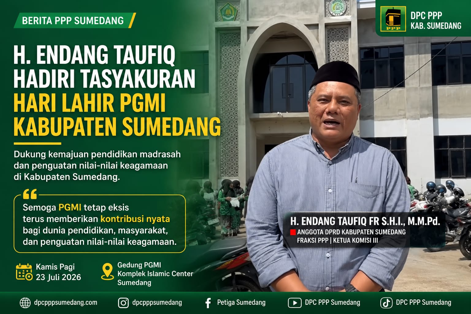 Dukung Pendidikan Madrasah! H. Endang Taufiq Hadiri Harlah PGMI Sumedang, Sampaikan Pesan Inspiratif untuk Masa Depan Generasi Bangsa